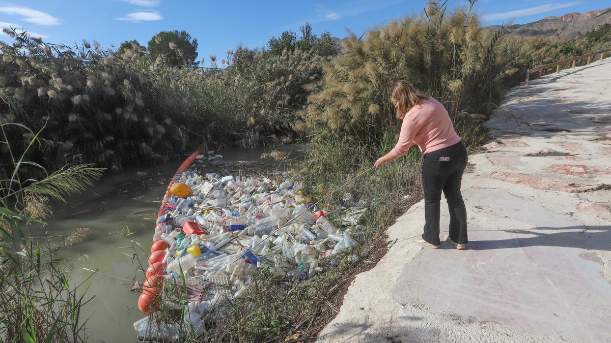 Estado actual de la barrera de flotantes en el río Segura a su paso por Orihuela, a la altura de Ociopía