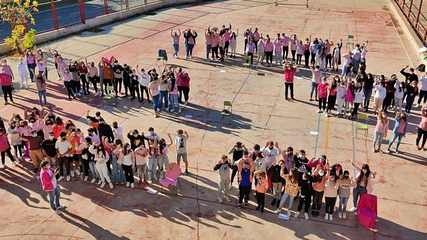 Arriba, foto grupal en el patio del centro educativo, abajo unas alumnas donan para la investigación del cáncer de mama. | Cedidas