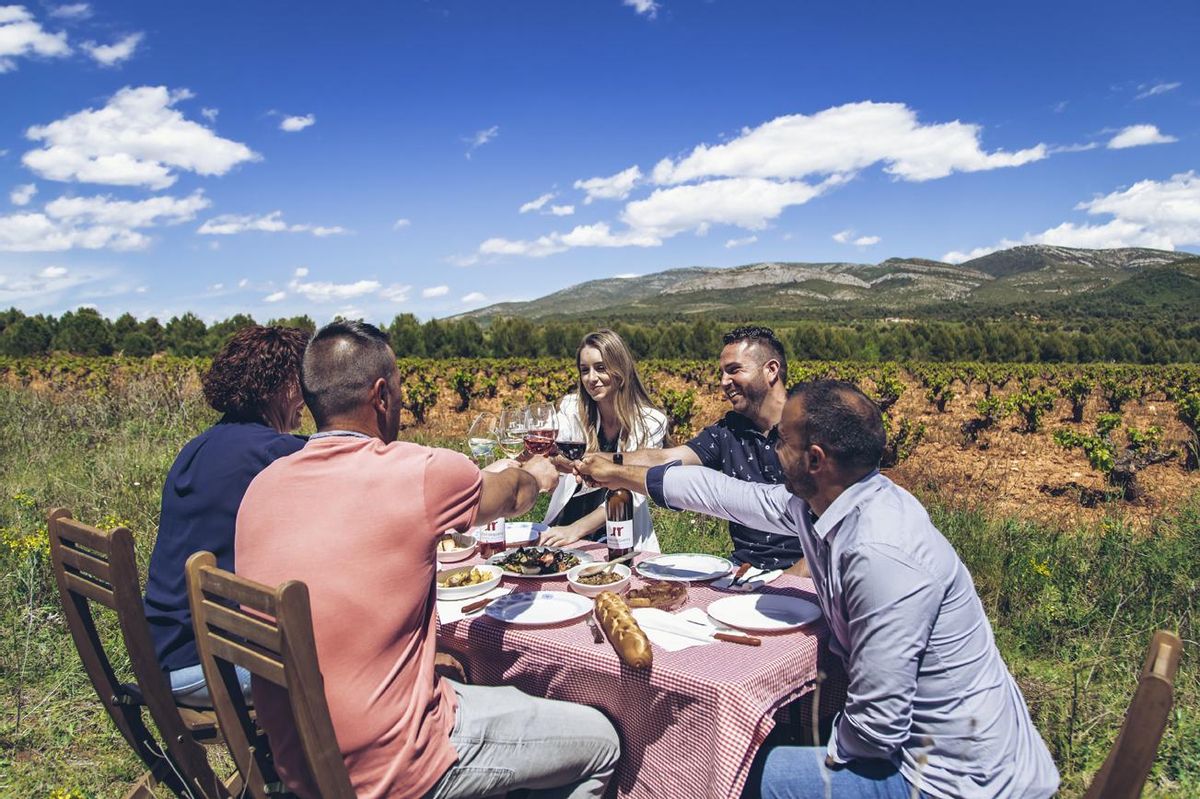 Un grupo de amigos brinda con vinos valencianos.