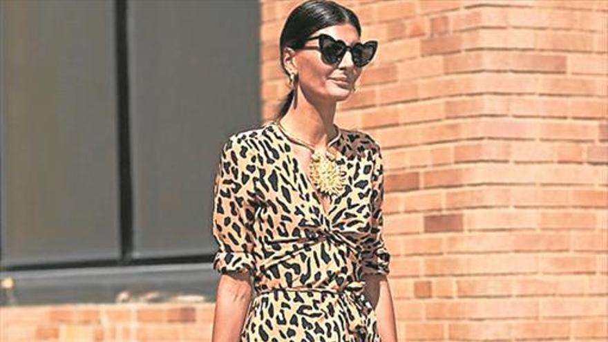 Una mujer con un vestido estampado de leopardo y un abrigo que dice leopardo.