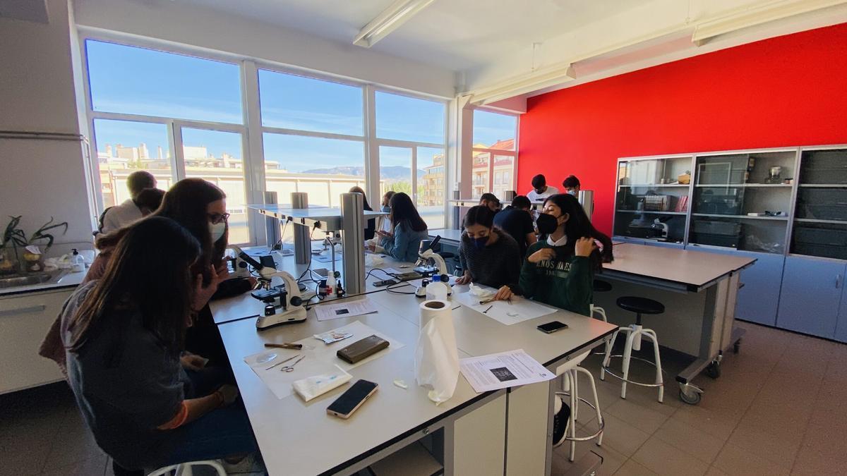 Estudiantes oscenses en las instalaciones de laboratorio del Colegio Salesianos de Huesca.