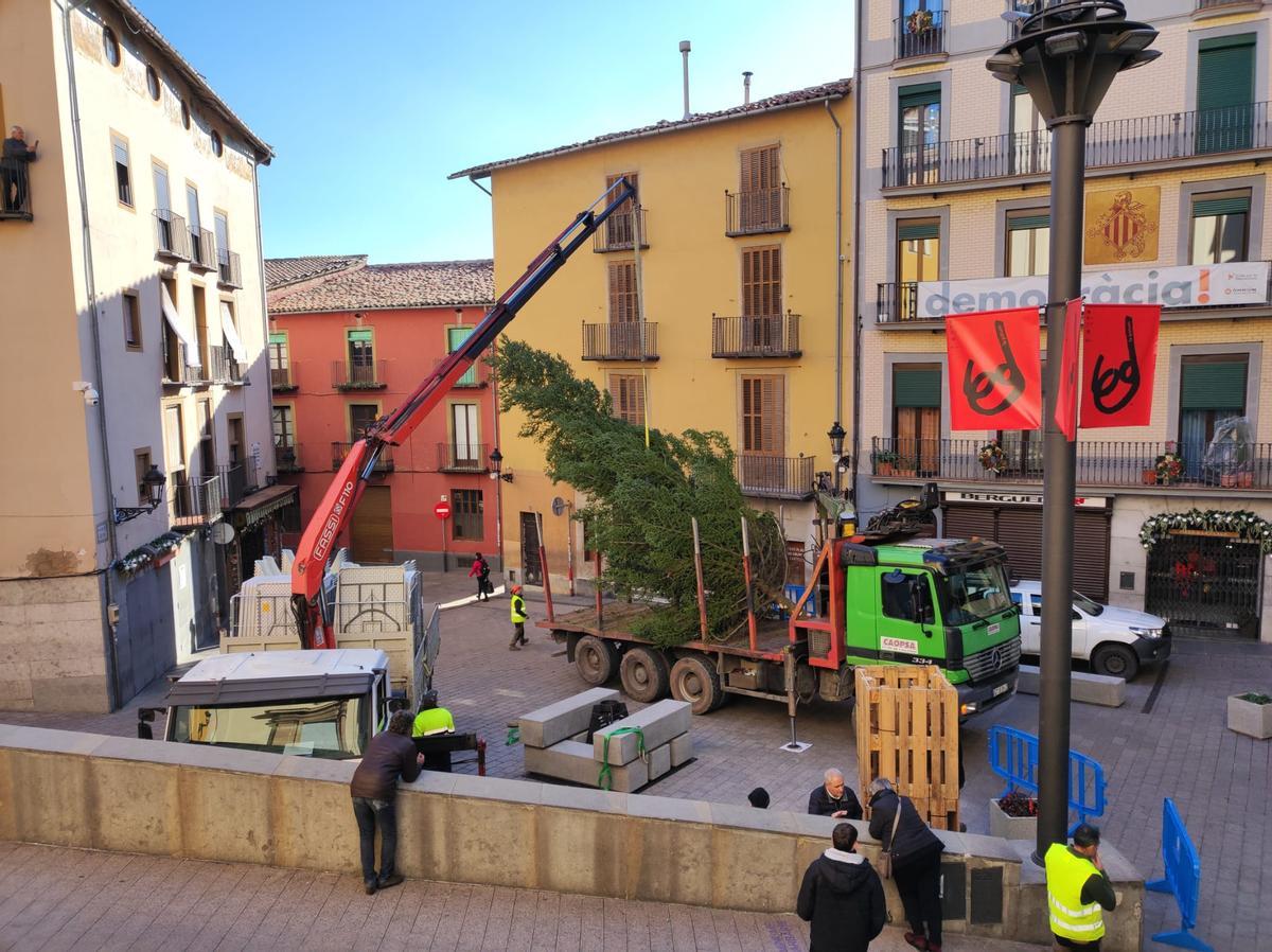 Muntatge de l'arbre de Nadal a la plaça de Sant Pere