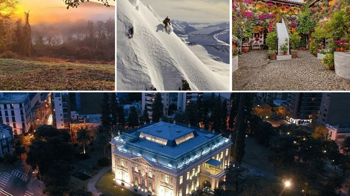 De izquierda a derecha, paisaje de la Cordova de Alabama (EEUU), montaña en la Cordova de Alaska (EEUU), patio en la Córdoba española, y abajo, la ciudad de Córdoba en Argentina. Imágenes del libro De Córdoba a las Córdobas.