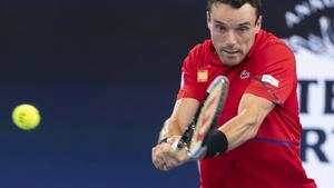 Sydney (Australia), 10/01/2020.- Roberto Bautista Agut of Spain in action against Kimmer Coppejans of Belgium during their quarter final match on day 8 of the ATP Cup tennis tournament at Ken Rosewall Arena in Sydney, New South Wales, Australia, 10 January 2020. (Tenis, Bélgica, España) EFE/EPA/CRAIG GOLDING AUSTRALIA AND NEW ZEALAND OUT