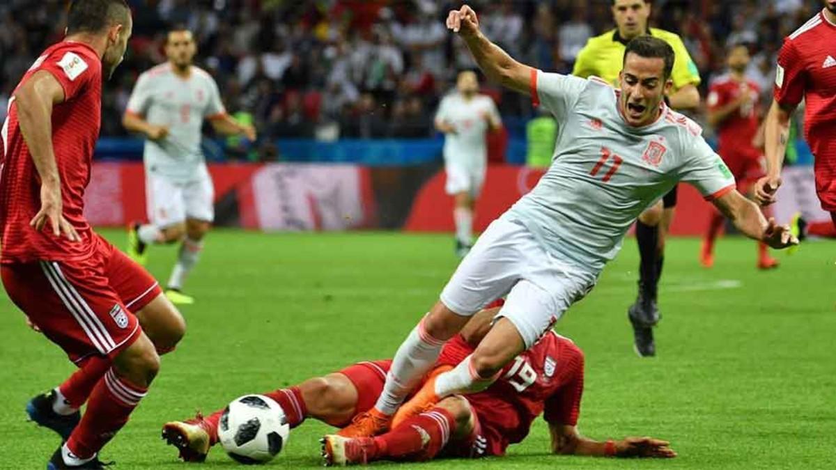 Lucas Vázquez, en una acción del Irán - España de este miércoles en Kazán (0-1)