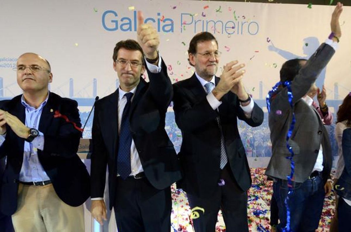 D’esquerra a dreta, el president de la Diputació provincial d’Ourense, Manuel Baltar; el president del PPdeG, Alberto Núñez Feijóo; el president del Govern, Mariano Rajoy, i el cap de llista del PP per Ourense, Jesús Vázquez. D’esquerra a dreta, el president de la Diputació provincial d’Ourense, Manuel Baltar; el president del PPdeG, Alberto Núñez Feijóo; el president del Govern, Mariano Rajoy, i el cap de llista del PP per Ourense, Jesús Vázquez.