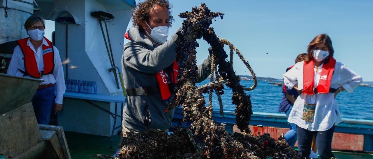 La conselleira Rosa Quintana (izq.) y Covadonga Salgado (directora del Intecmar) durante el proceso de toma de muestras en cuerdas de batea.