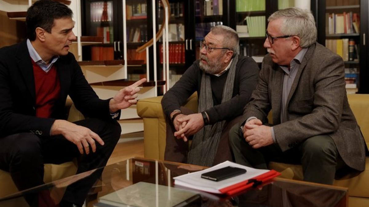 Reunión entre Pedro Sánchez y UGT y CCOO