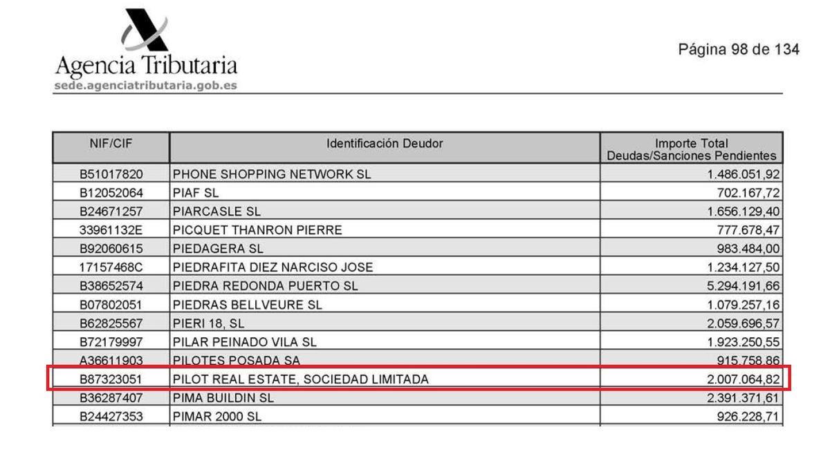 Página del listado de morosos en la que aparece &quot;Pilot Real Estate SL&quot;