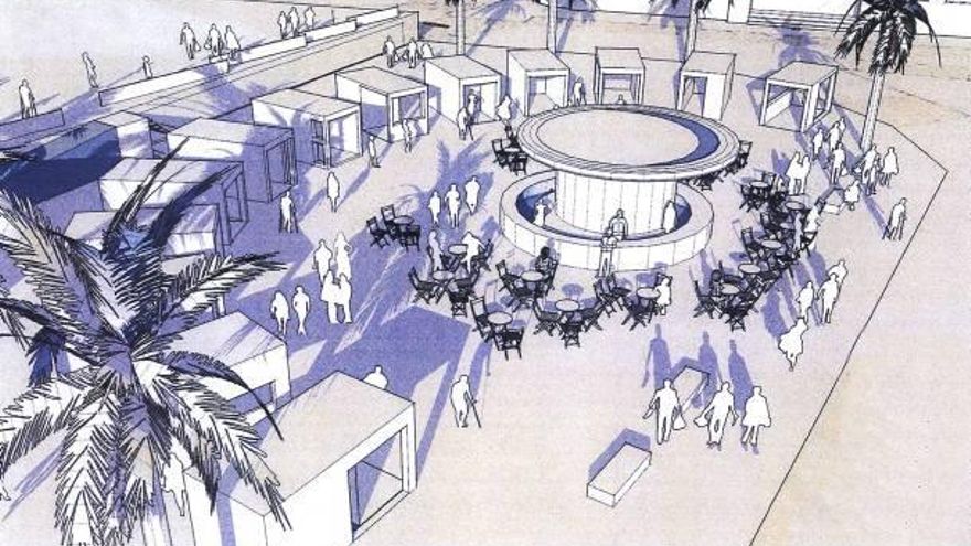 Propuesta de Huguet para la zona de terraza y cafetería con puestos de flores alrededor.