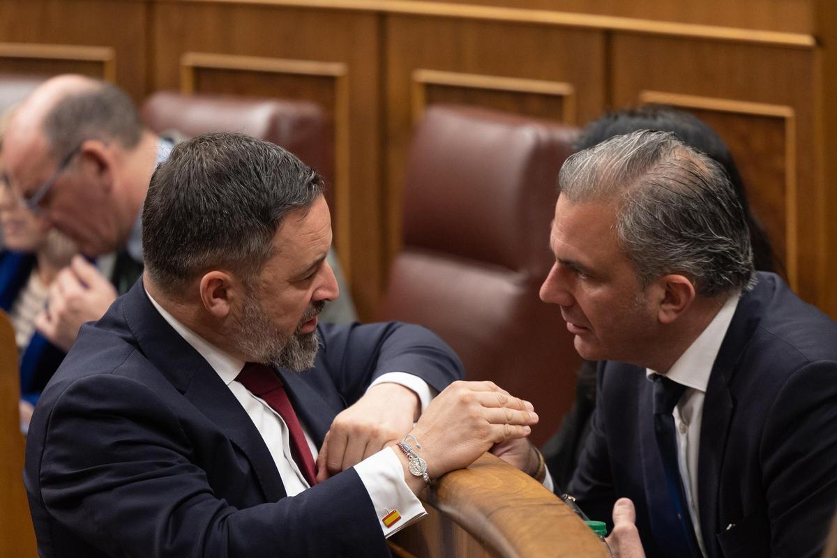 El líder de VOX, Santiago Abascal (i) y el portavoz de VOX en el Ayuntamiento de Madrid, Javier Ortega Smith (d) en el Congreso