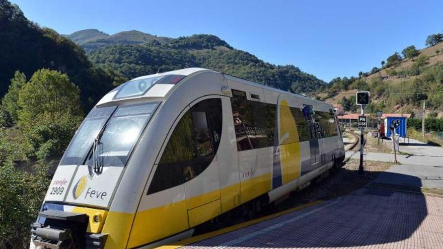 Una de las nuevas unidades de la línea Collanzo-Baíña, en la estación allerana de Levinco.