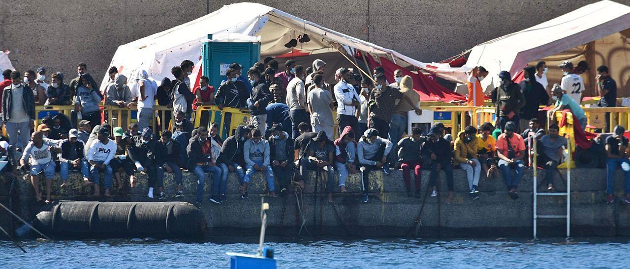 Numerosos migrantes hacinados en el muelle de Arguineguín, durante el pasado mes de noviembre.