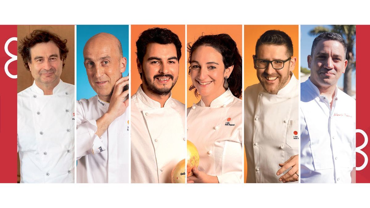 De izquierda a derecha, los chefs estrella Michelin Pepe Rodríguez, Aitor Arregi, Emmanuel Carlucci y Alejandra Herrador, Vicent Guimerà y Alberto Ferruz