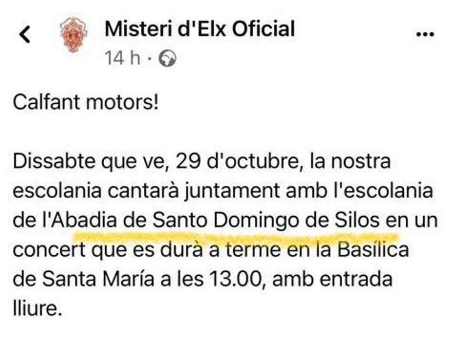 Mensaje del Misteri anunciando el concierto, donde se omite que es la Escolanía del Valle de los Caídos