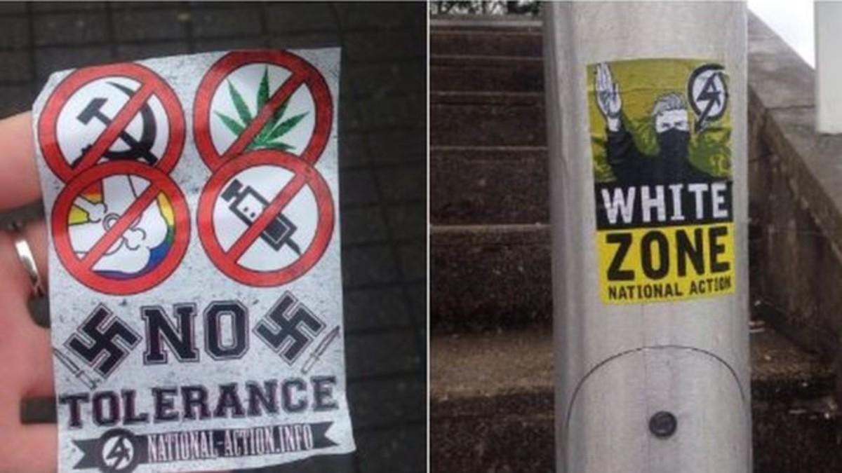 Algunas de las pegatinas neonazis que han aparecido este fin de semana en Reino Unido.