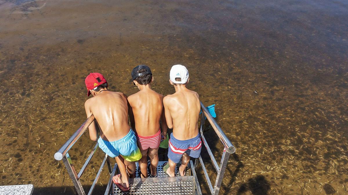 Tres jóvenes observan los peces
muertos que se acumulan en la orilla
de la playa Puerto Bello.  iván urquízar