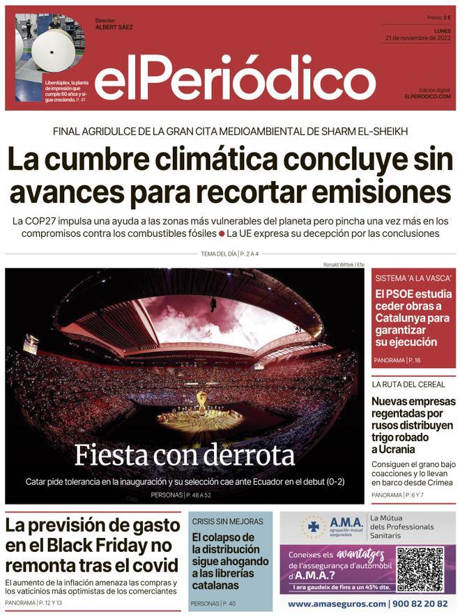 La portada d’EL PERIÓDICO del 21 de novembre del 2022
