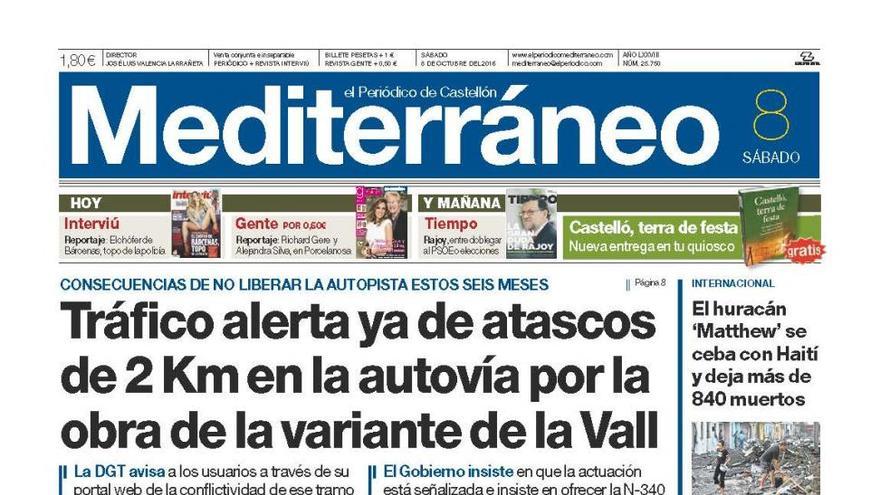 Tráfico alerta ya de atascos de 2 Km en la autovía por la obra de la variante de la Vall, en la portada de Mediterráneo