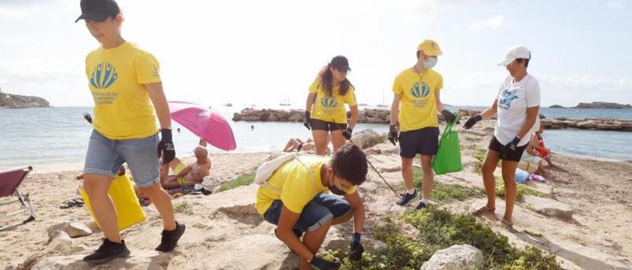 Un grupo de voluntarios molivilizados en la playa de ses Figueretes. | J.A.RIERA