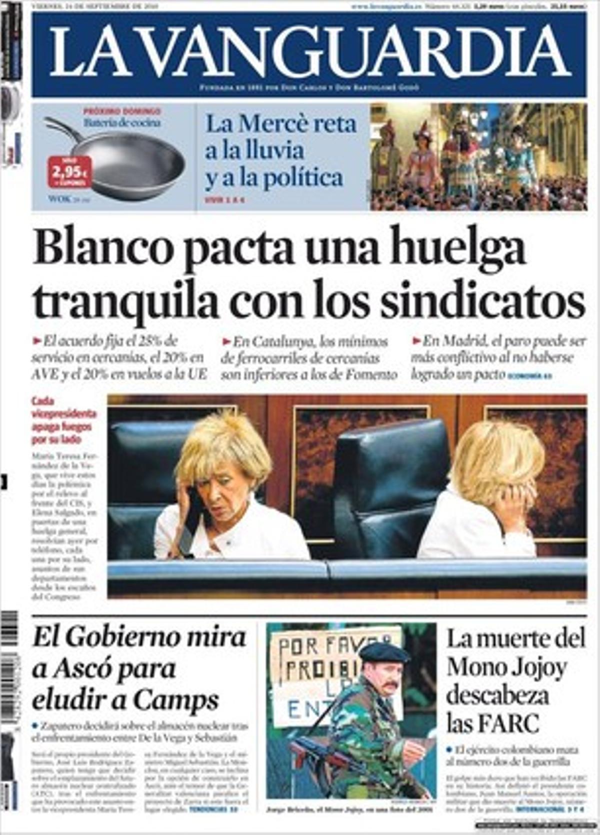 ’La Vanguardia’ explica a dins que la direcció federal del PSOE imposa un pacte de no agressió en les primàries de Madrid, que el PP asturià es rebel·la contra Mariano Rajoy per no ser presidit per Francisco Alvarez-Cascos, que Rodríguez Zapatero decidirà sobre l’ATC després del xoc entre De la Vega i Sebastián, i que els sindicats veuen insuficient la pujada de l’IRPF a les rendes altes.