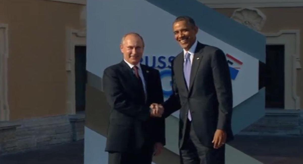 Rebuda de Vladímir Putin a Barack Obama al recinte on se celebra el G-20.  