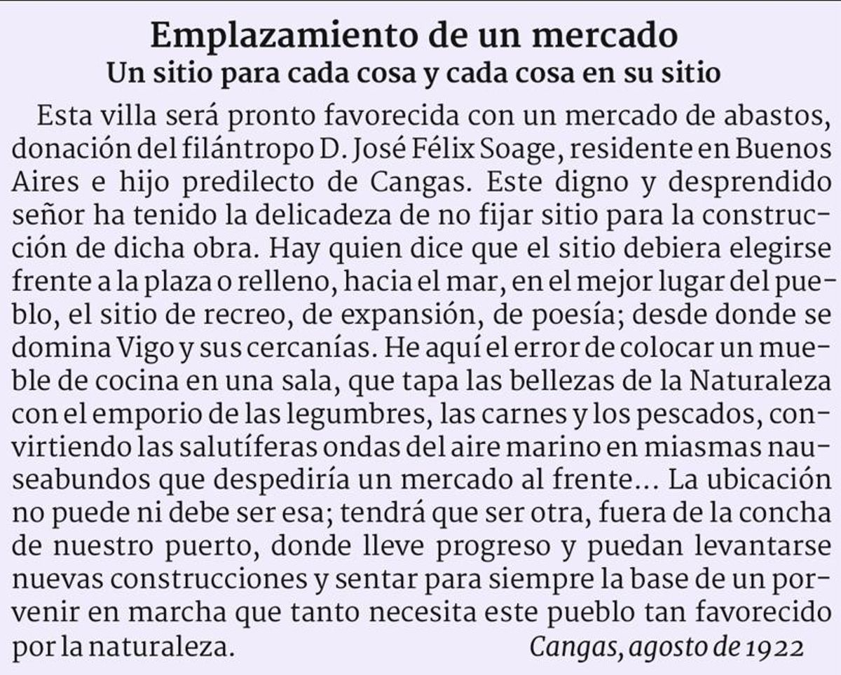 Unha nota da época criticando o lugar escollido para a contrución do mercado.