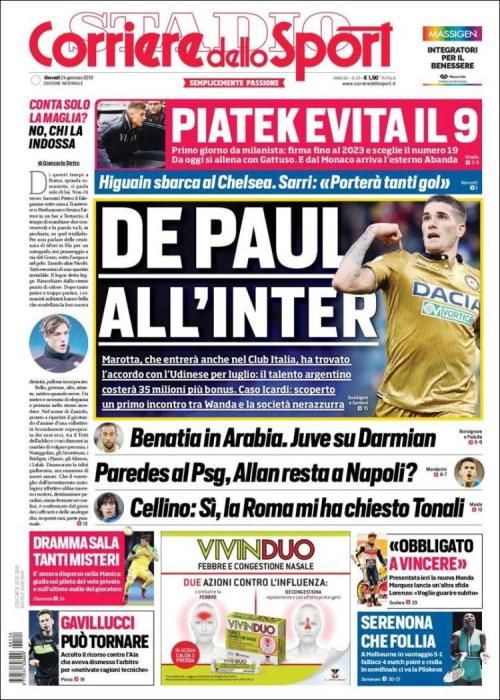 Portada CORRIERE DELLO SPORT jueves 24 enero 2019