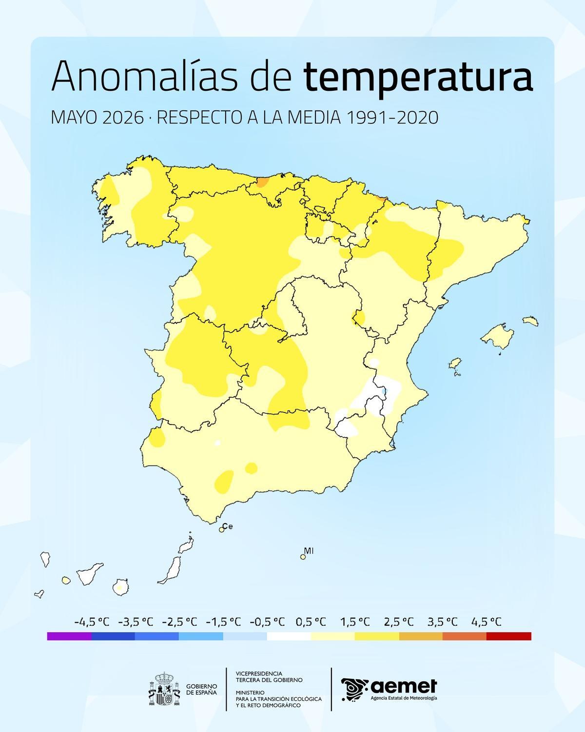 Anomalías de temperatura en el mes de mayo en España.