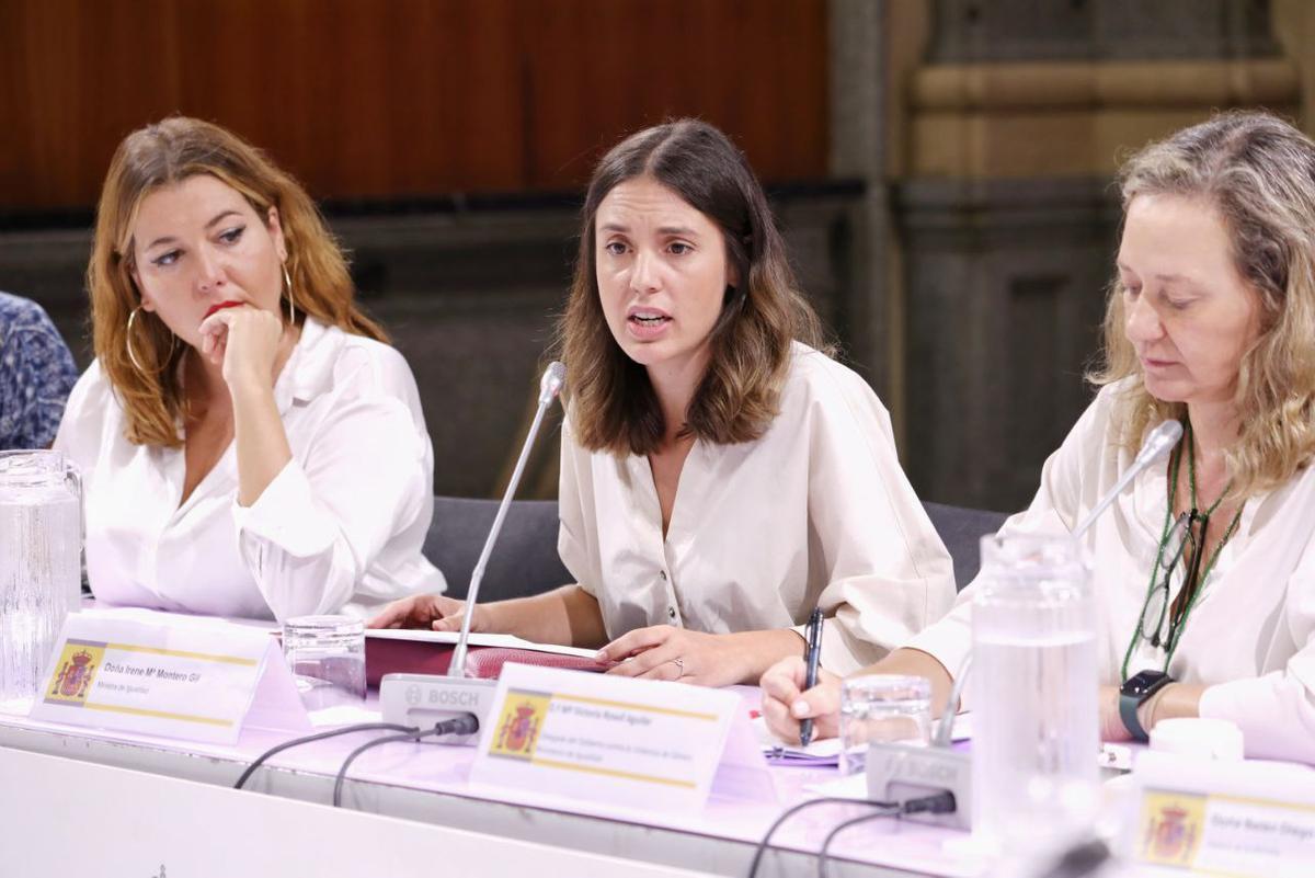 La ministra en funciones de Igualdad, Irene Montero, y varios miembros de su equipo durante la reunión del comité de crisis celebrada con motivo del repunte de asesinatos en agosto. La ministra en funciones de Igualdad, Irene Montero, y varios miembros de su equipo durante la reunión del comité de crisis celebrada con motivo del repunte de asesinatos en agosto.