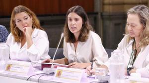 La ministra en funciones de Igualdad, Irene Montero, y varios miembros de su equipo durante la reunión del comité de crisis celebrada con motivo del repunte de asesinatos en agosto. 