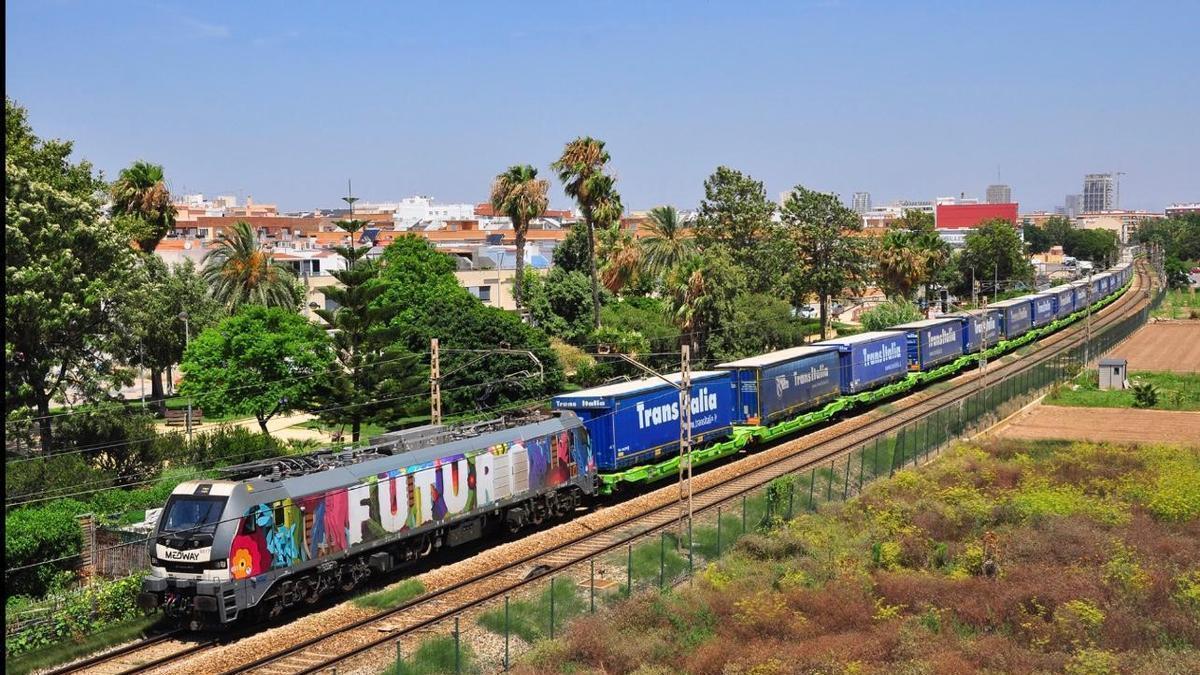 Tren de mercancias de TransItalia cirulando cerca del puerto de València.