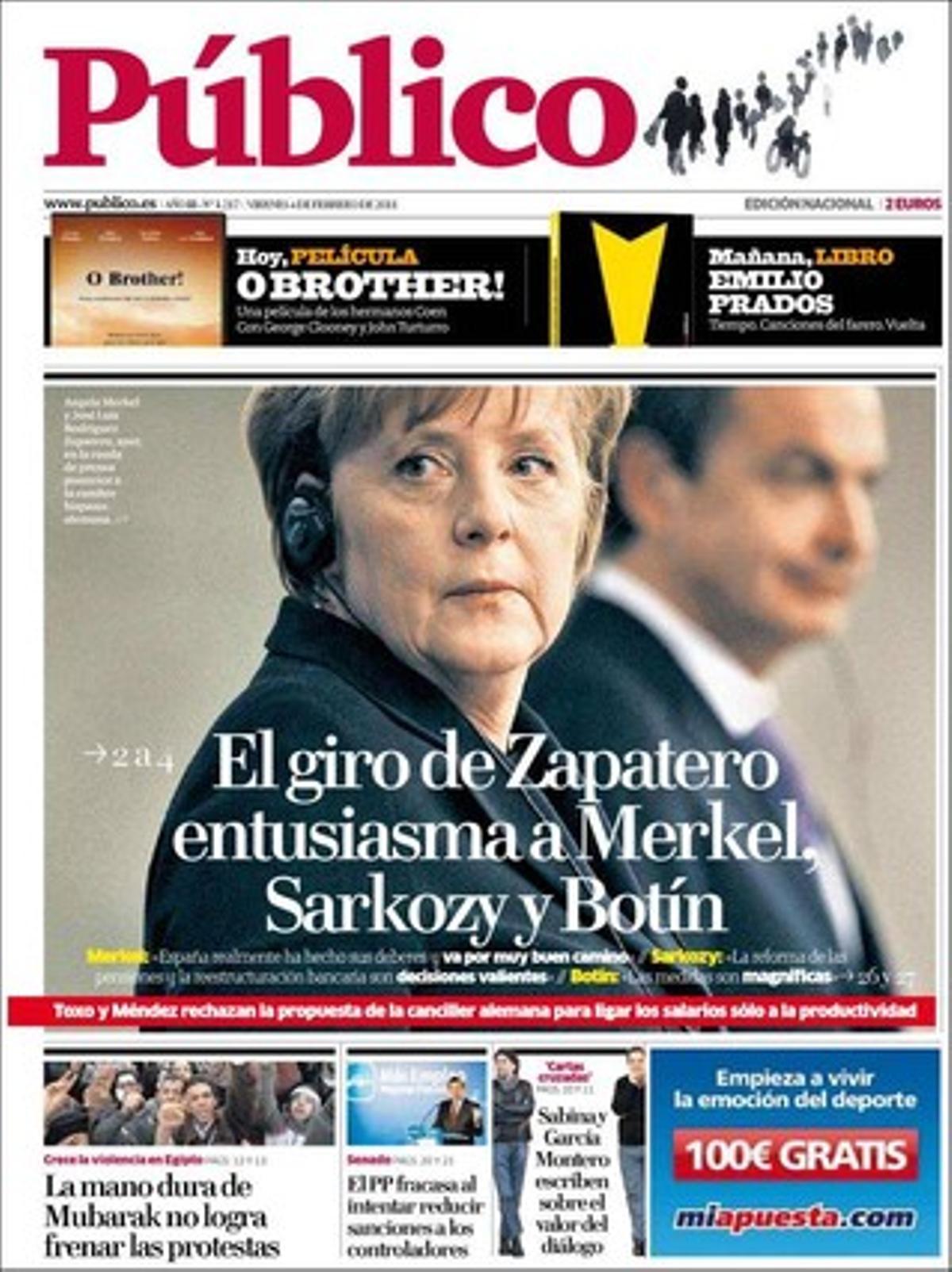’Público’ dóna rellevància a més al fet que el PP fracassa en el seu intent d’afavorir els controladors --la resta del Senat va rebutjar la seva proposta per dificultar la retirada de llicències dels treballadors de les torres de control--; que el jutge Antonio Pedreira ja sap què pot embargar a la Gürtel; que uns 17.000 menors juguen diàriament a internet, i que la nova llei del joc regularà l’accés a aquestes pàgines; que el Govern britànic va pagar la factura de la visita del Papa Benet XVI a Londres amb 2 milions d’euros incialment dedicats a l’ajuda al desenvolupament de països pobres, i que la Fiscalia investiga si Barcelona, València, Sevilla i Madrid maquillen les xifres de la pol·lució.