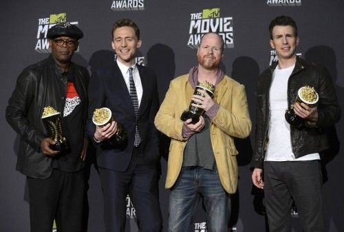 Director Whedon and cast members Jackson, Hiddleston and Evans pose with their awards for movie of the year for "The Avengers" backstage at the 2013 MTV Movie Awards in Culver City