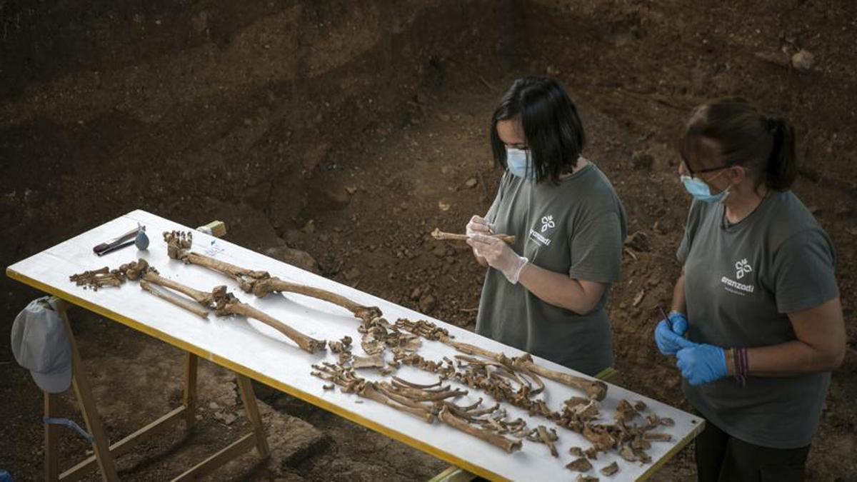 Forenses de la asociación Aranzadi examinan uno de los cadáveres rescatados en la fosa de Pico Rejas, en el cementerio de San Fernando de Sevilla.