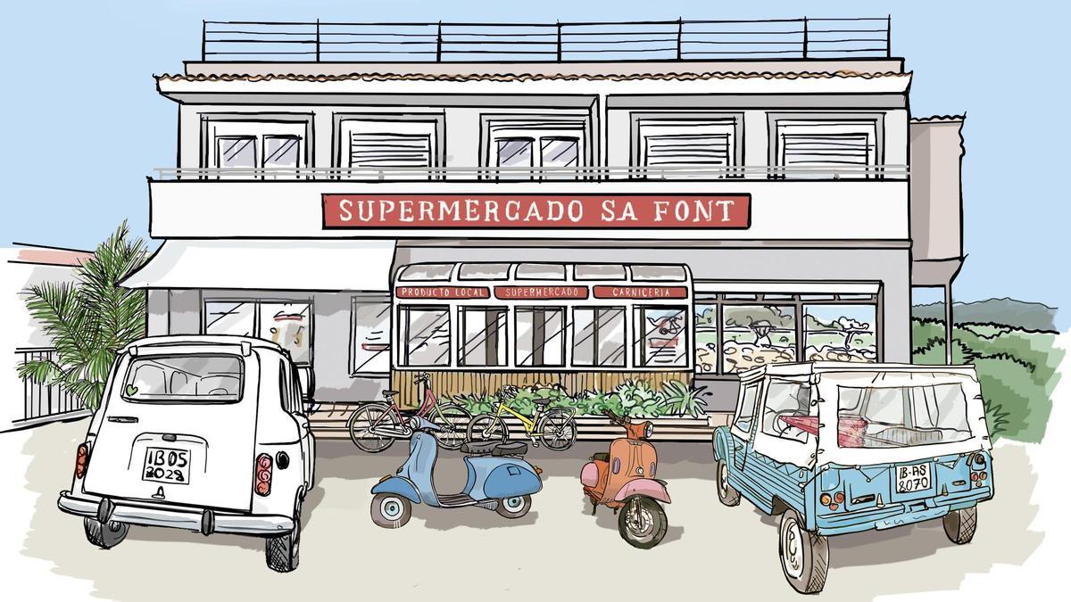 Dibujo de la fachada del Supermercado Sa Font, en Santa Eulària.