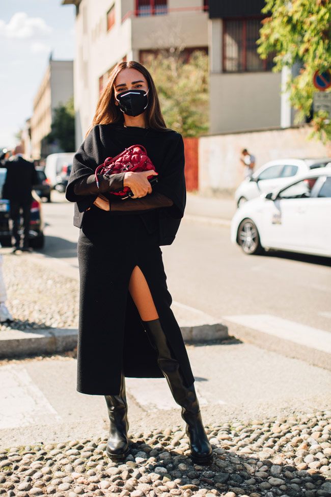 Look con mascarilla negra, visto en el 'street style' de Milán