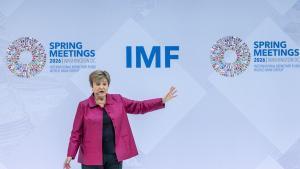 WASHINGTON (United States), 09/04/2026.- International Monetary Fund (IMF) Managing Director Kristalina Georgieva delivers remarks during her Curtain Raiser event at IMF Headquarters in Washington, DC, USA, 09 April 2026. The IMF/World Bank Spring Meetings will be held from 13 to 18 April in Washington, DC. EFE/EPA/SHAWN THEW