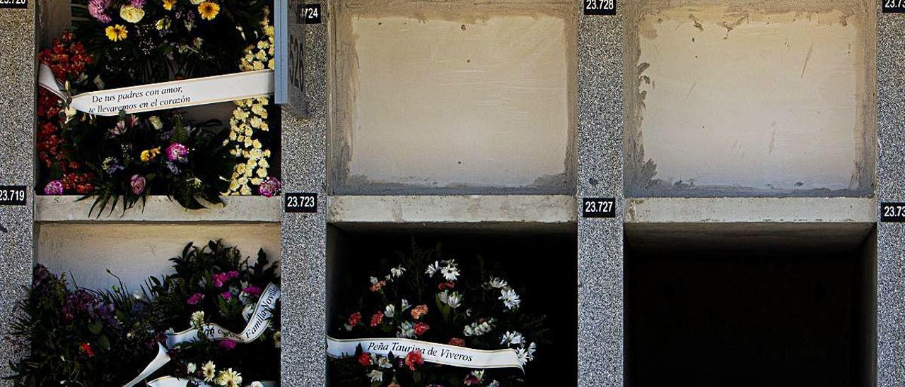 Arriba, sin flores ni identificación alguna, los dos nichos del cementerio de Alicante donde por fin yacen Blanca Rosa y José Miguel.