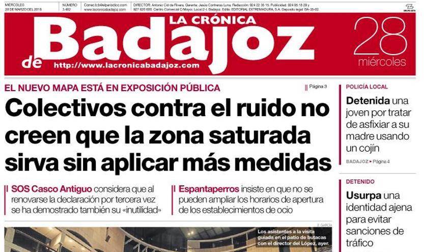 Esta es la portada de LA CRÓNICA DE BADAJOZ correspondiente al día 28 de marzo del 2018