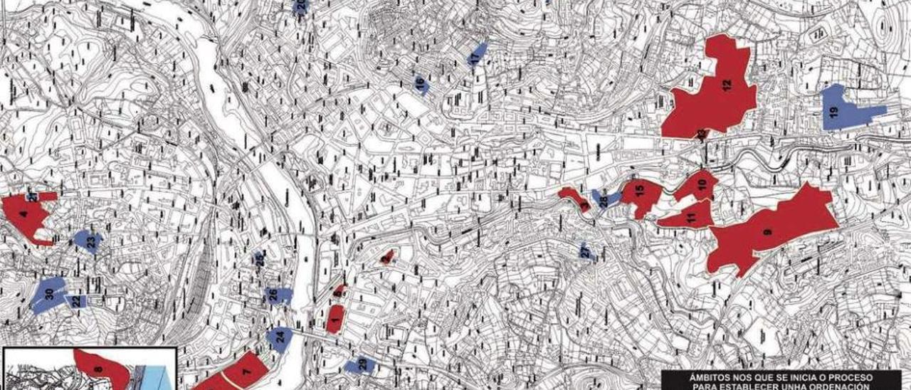 Los treinta ámbitos de actuación que se incluyen dentro de la ordenación urbanística provisional que aprobó la Xunta. // FdV