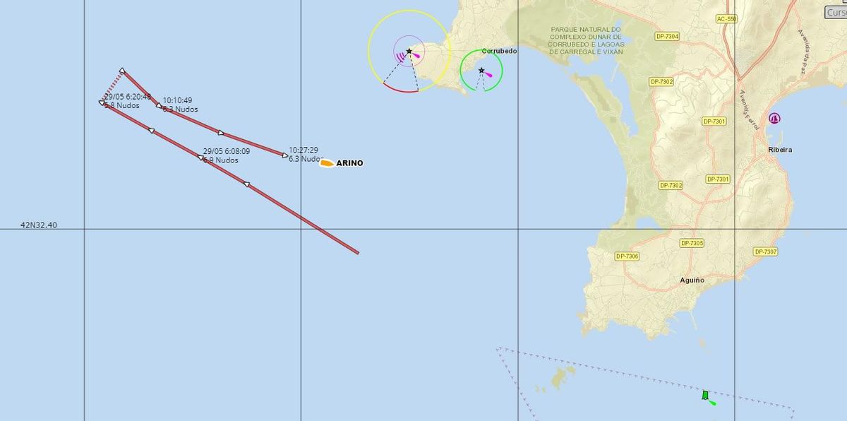 La ruta que llevaba el "Ariño" antes de surfrir la vía de agua y tener que ser remolcado al puerto ribeirense.