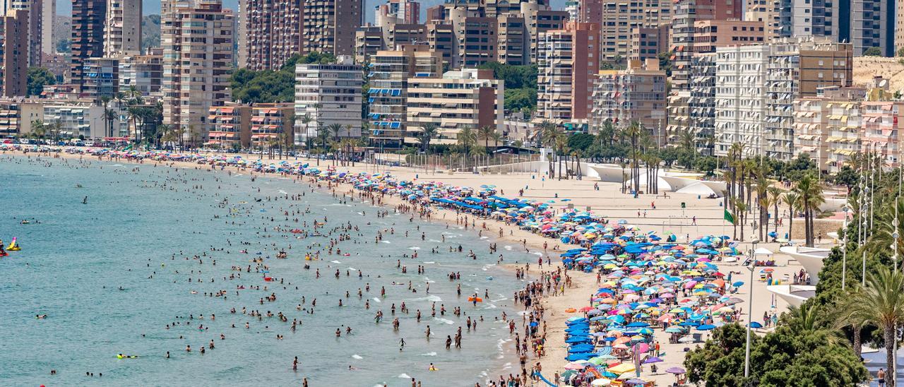 Bañistas en la playa de Poniente de Benidorm esta semana.