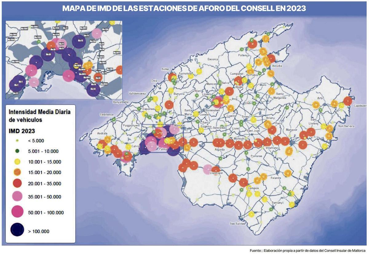 Mapa de IMD de las estaciones de aforo del Consell en 2023