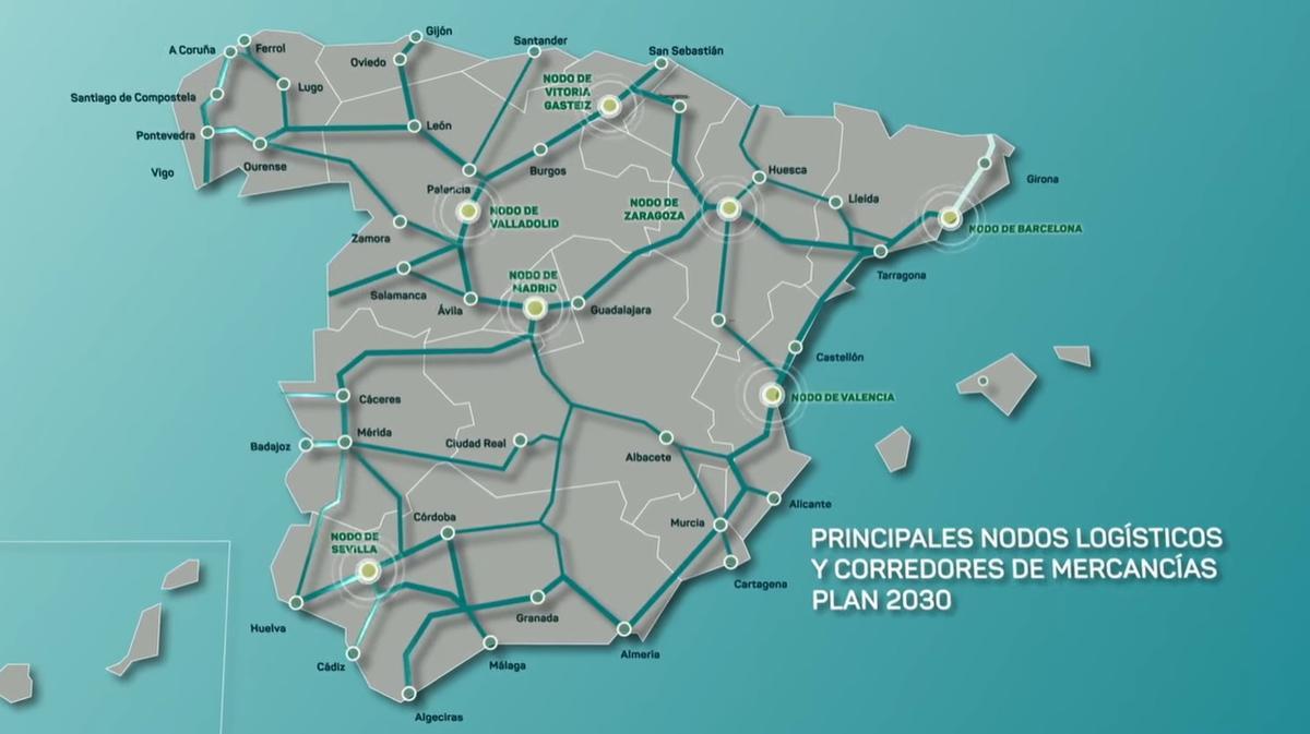 Mapa de nodos y rutas de transporte de mercancías de ADIF