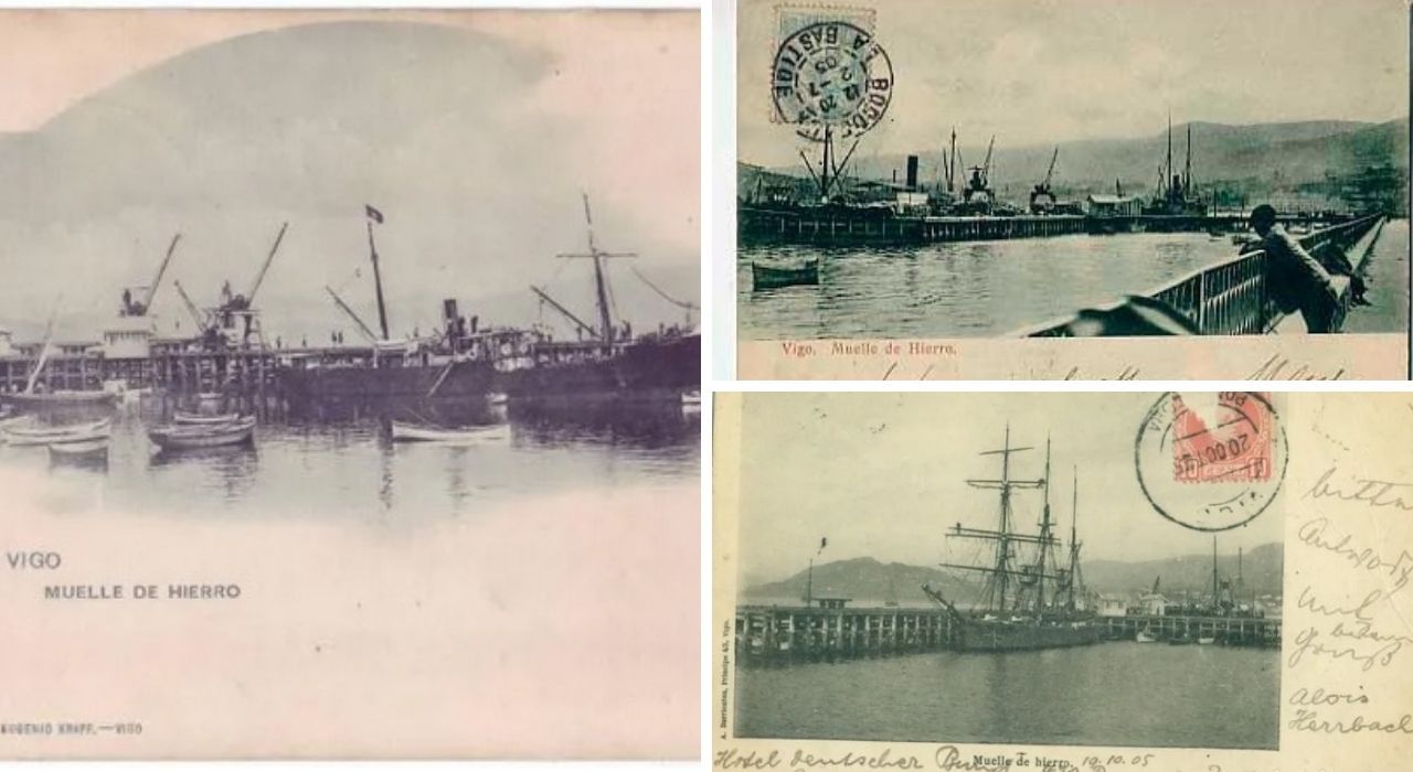 Tres versiones distintas de la postal &quot;Vigo. Muelle de Hierro&quot;, imagen que ilustraba la primera misiva de este tipo enviada desde la ciudad olívica.