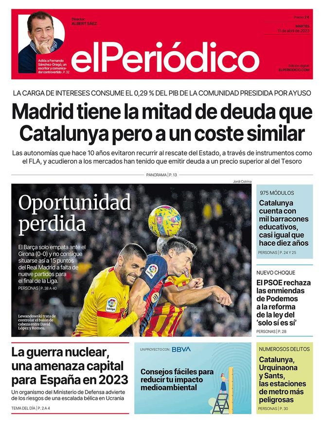 La portada d’EL PERIÓDICO de l’11 d’abril del 2023
