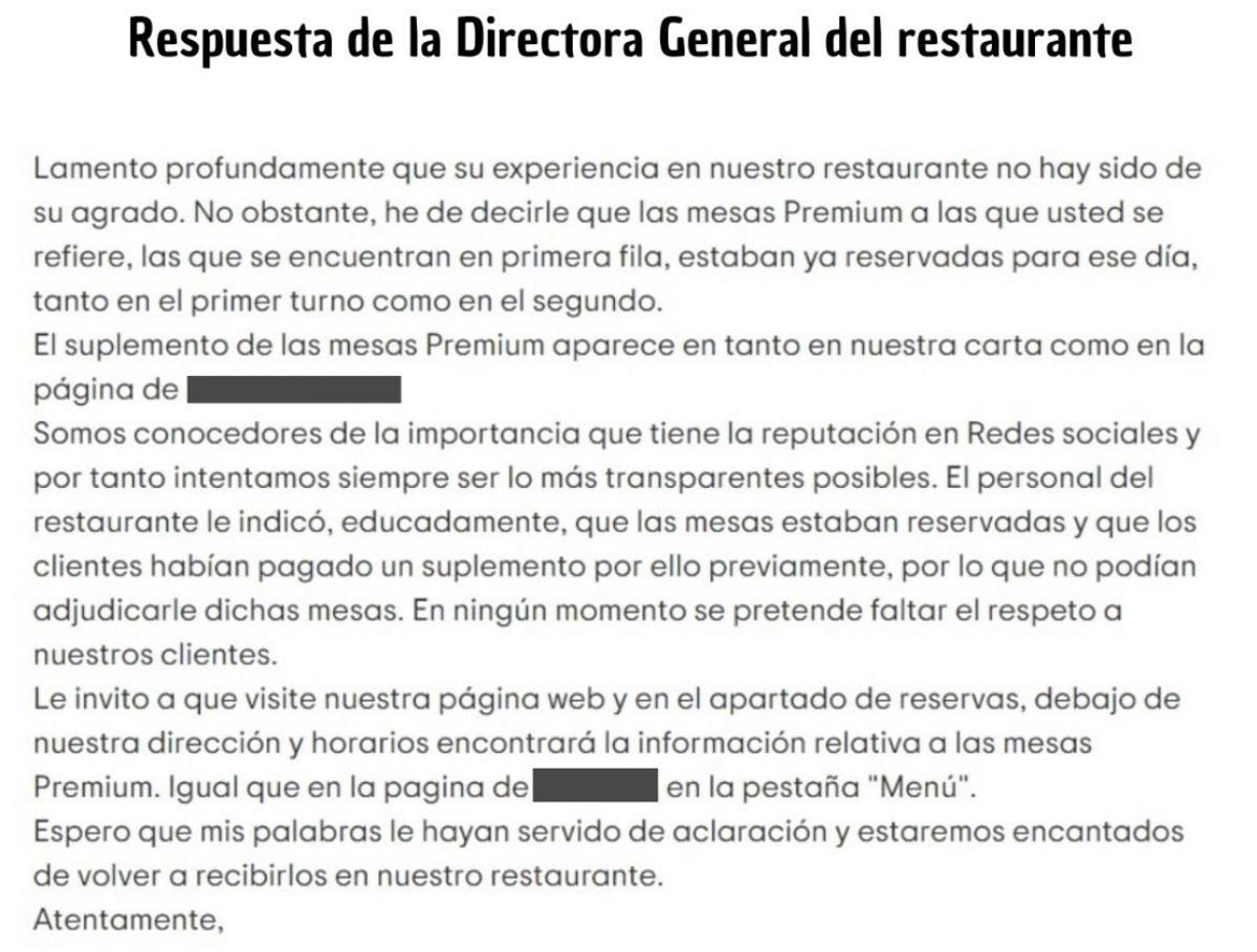 Respuesta de la Directora General del restaurante