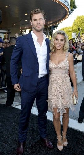 Cast member Chris Hemsworth and model Elsa Pataky pose during the premiere of the film "Vacation" at the Regency Village Theatre in the Westwood section of Los Angeles