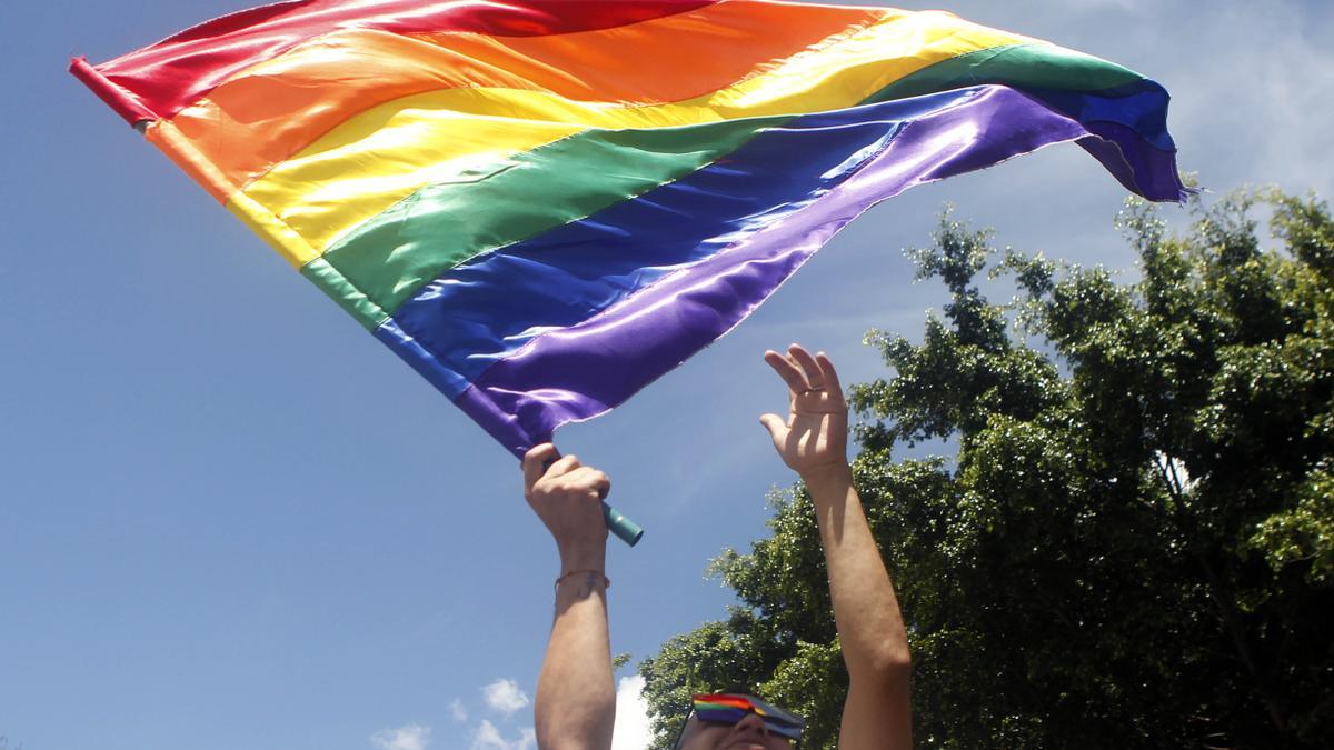 Un hombre agita la bandera arcoiris.